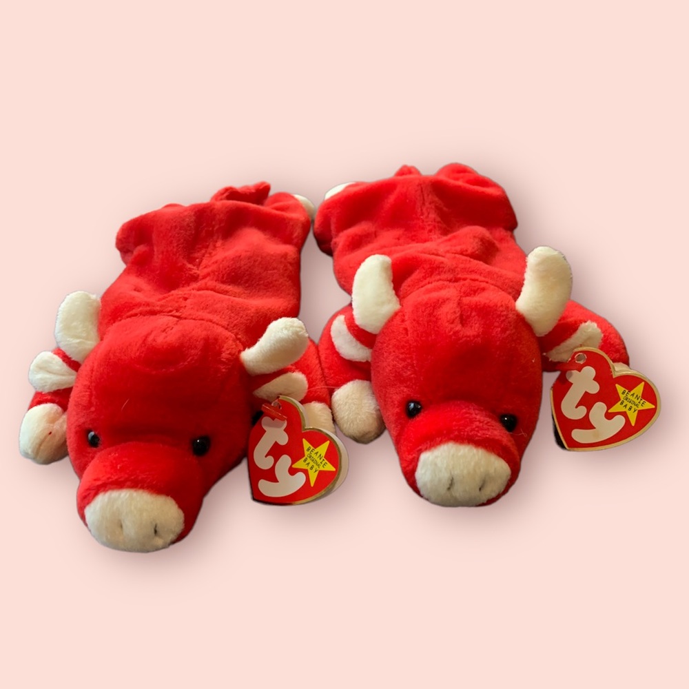 2; ULTRA RARE RETIRED Ty Beanie Baby 1995 Snort the Bull Plush Toy - Collectible